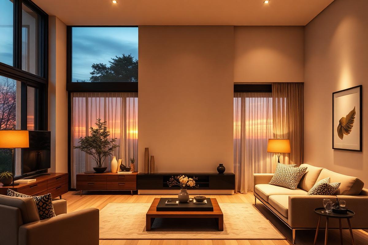 Living room with automated lighting at sunset