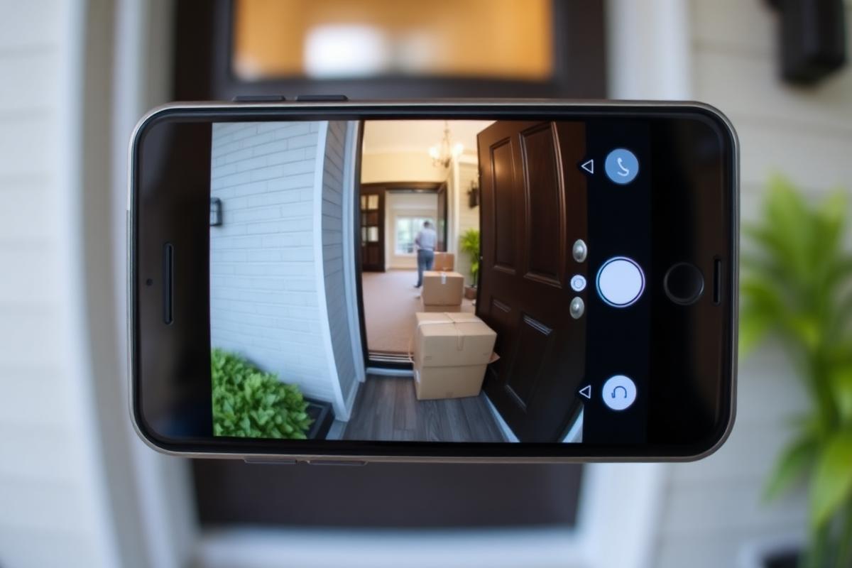 Smartphone showing security camera view of package delivery