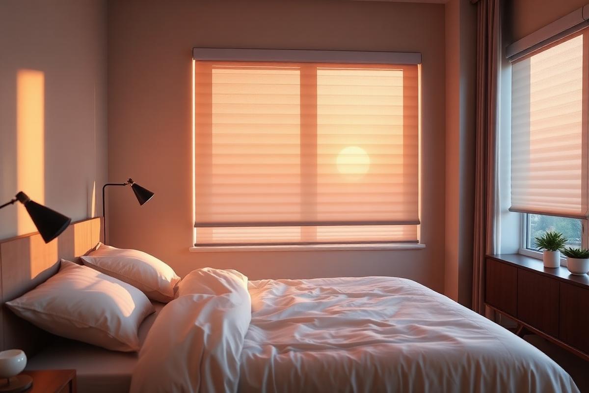 Morning bedroom with automated shades opening at sunrise
