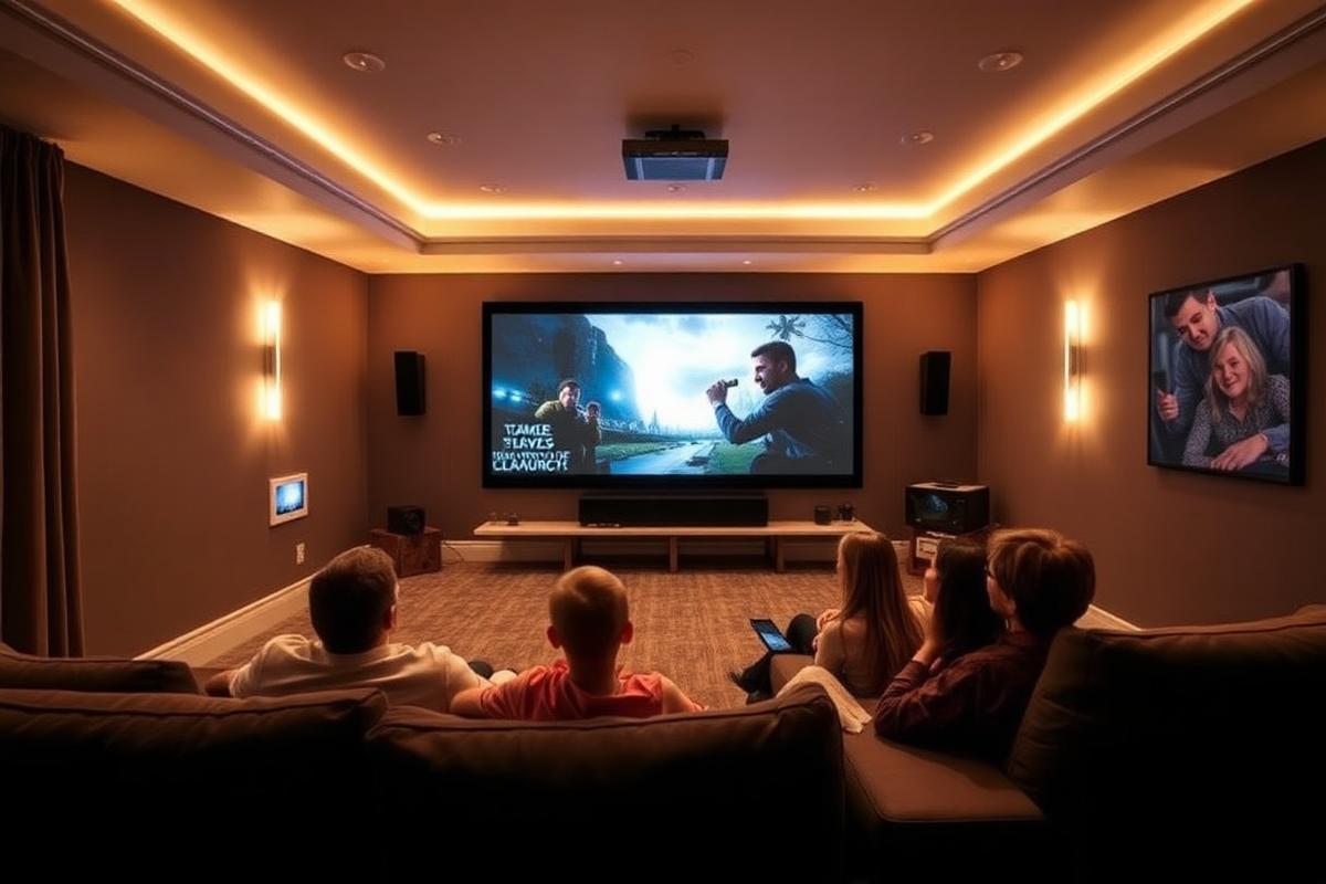 Home theater with family enjoying automated movie scene