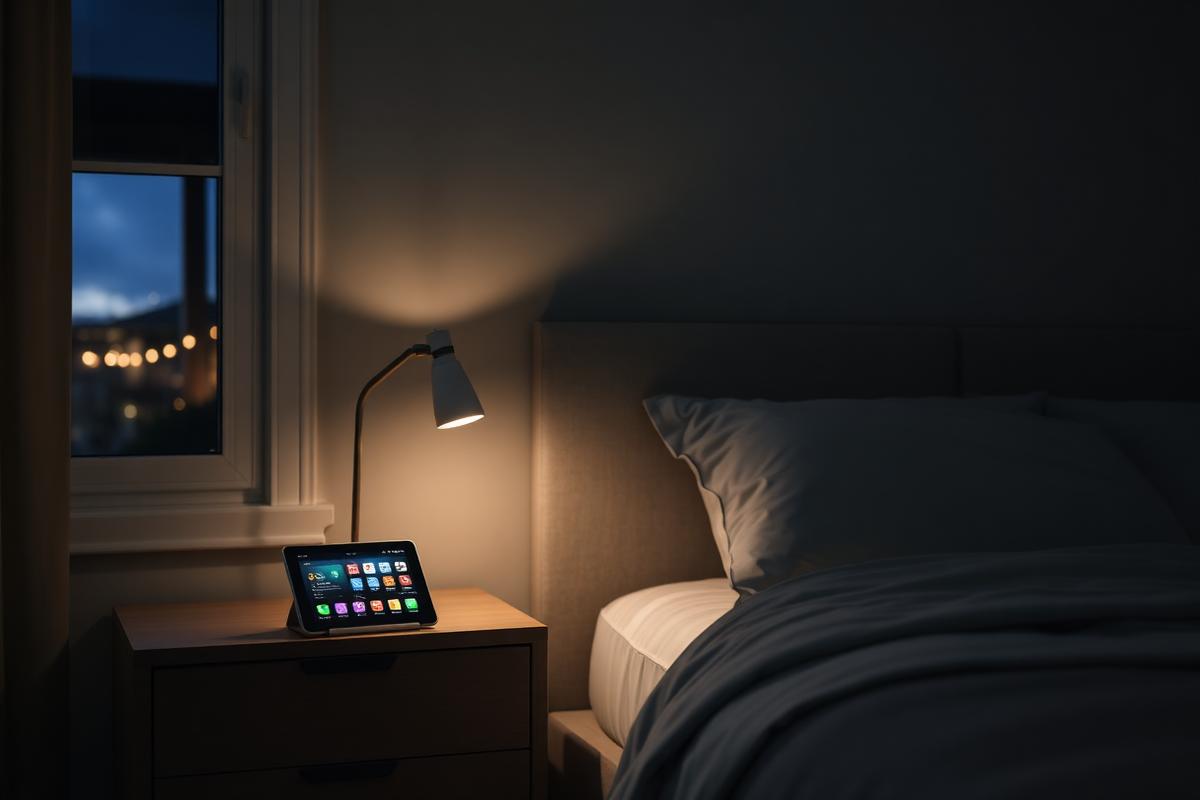 Bedroom nightstand with smart home touchscreen at night