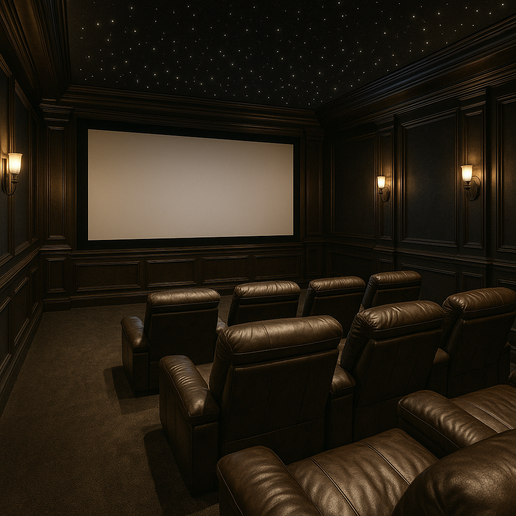 Premium home theater with professional audio-video setup and ambient lighting