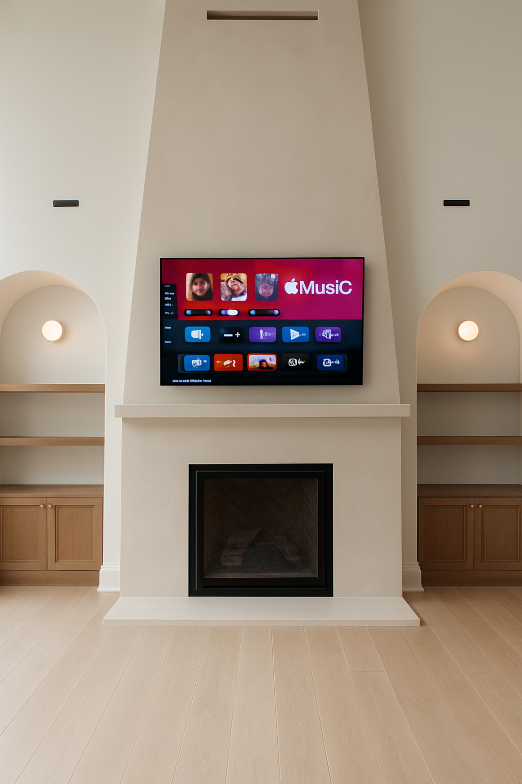 Large format TV installation in luxury home with acoustic treatment