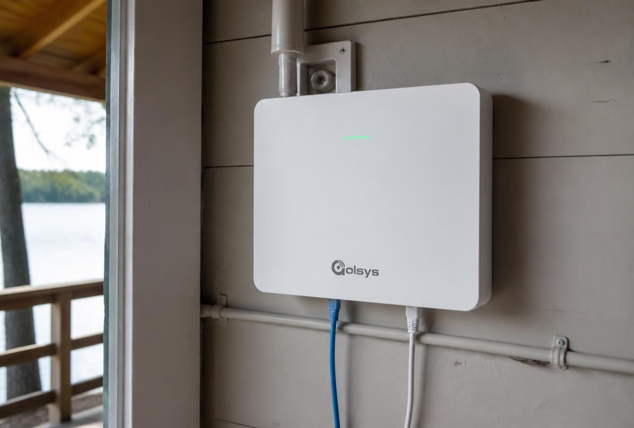 Alarm hub mounted in a seasonal property with cellular and ethernet connections