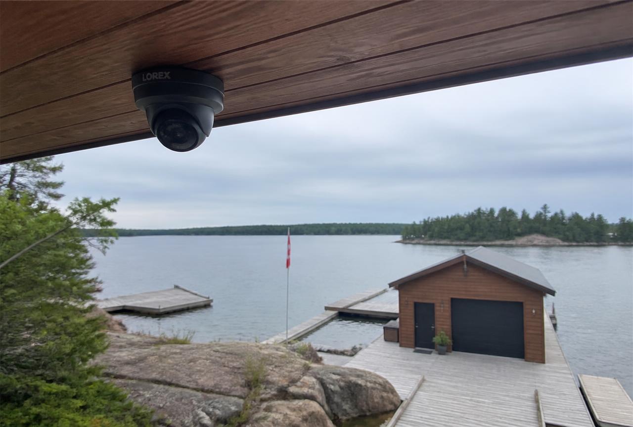 Exterior camera covering a dock and boathouse on Georgian Bay