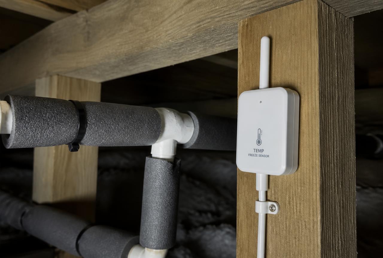 Temperature sensor mounted beside plumbing in an unheated crawl space