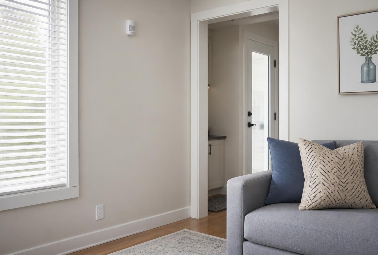 Motion sensor positioned away from a window blind and a heating vent